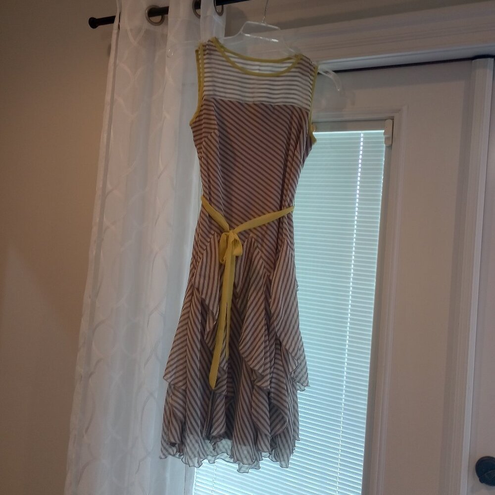 gray white striped sleeveless ruffled bottom dress